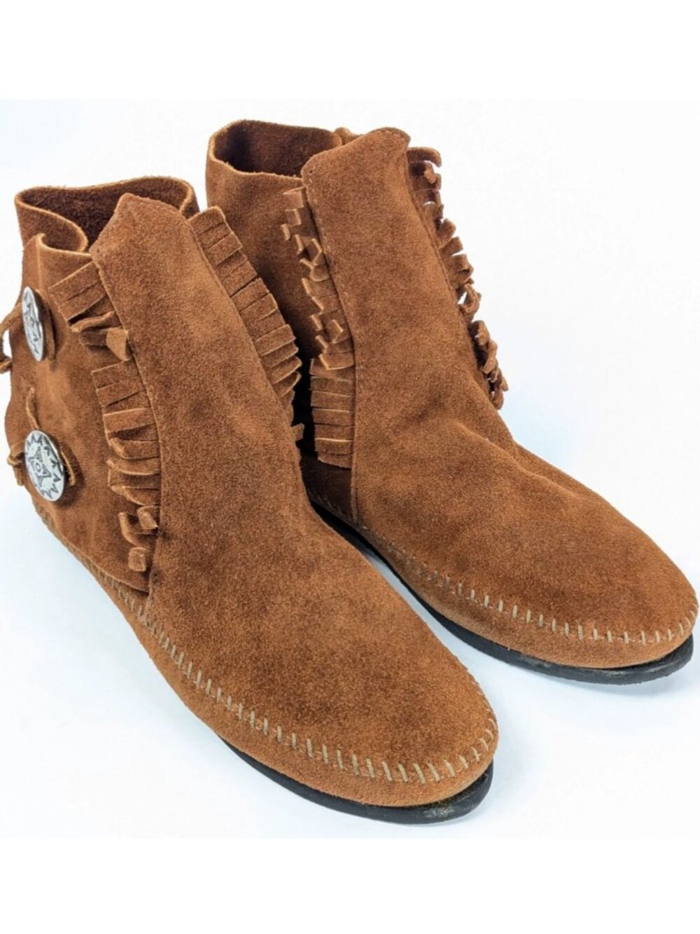 Vintage Minnetonka Moccasin Ankle Boots Fringe Concho Brown Size 9 Model 832